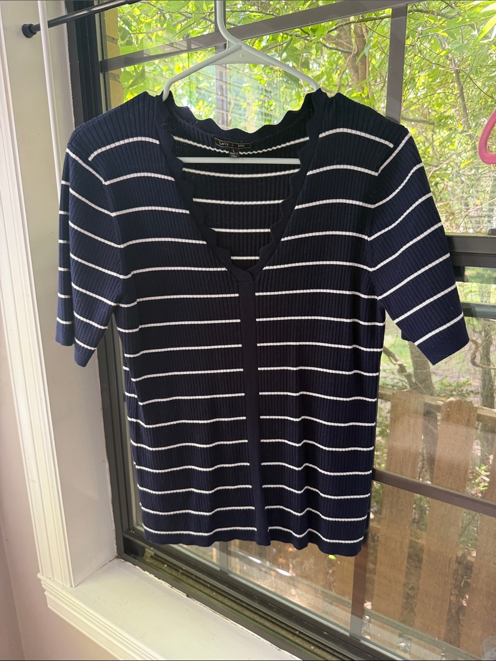 Navy and White Striped Short-Sleeve Knit Top